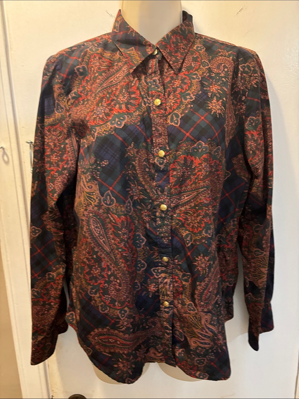 Chaps Petite PL Paisley Plaid Long-Sleeve Shirt Blouse26-375